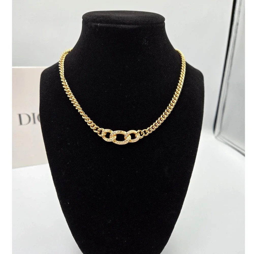 Christian Dior Gold Tone Chain Necklace Crystal Interlocking Oval Links